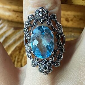 Sky Blue Topaz Marcasite Sterling Silver Cocktail Ring Size 6